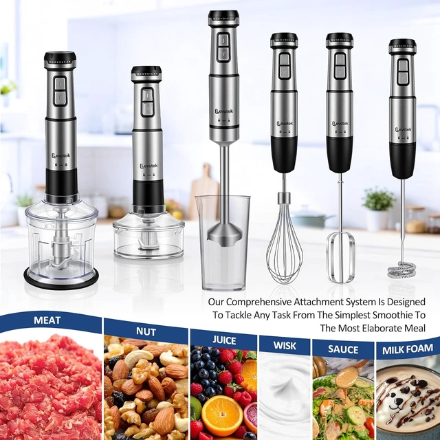 Alt view image 4 of 7 - Immersion Hand Blender Set, 1200W 20-Speed Stainless Steel Stick Blender with 7 Accessories, 500ml & 200ml Chopper Cups, Milk Frother, Egg Beater, for Smoothies, Soups Kitchen Essential
