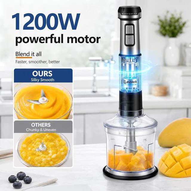 Alt view image 5 of 7 - Immersion Hand Blender Set, 1200W 20-Speed Stainless Steel Stick Blender with 7 Accessories, 500ml & 200ml Chopper Cups, Milk Frother, Egg Beater, for Smoothies, Soups Kitchen Essential