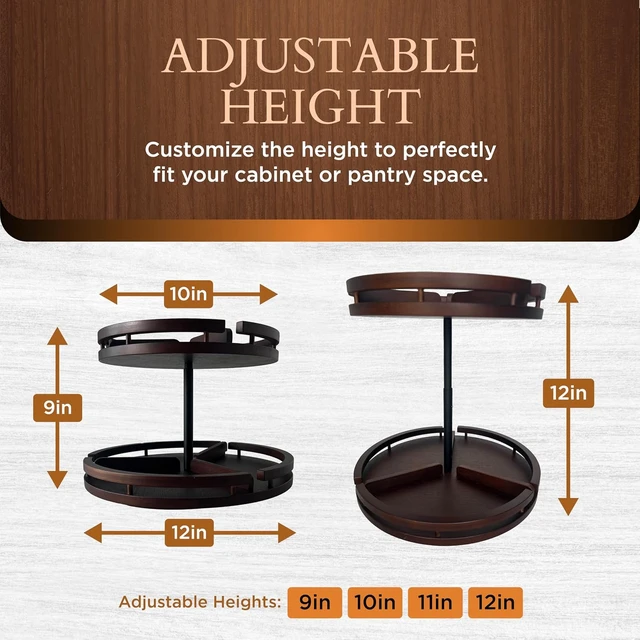 Alt view image 2 of 7 - 2 Tier Lazy Susan Organizer 12" Bamboo Rotating Spice Rack Organizers with Adjustable Height Turntable for Cabinet, Pantry, Medicine Cabinet, Kitchen, Spinning Bathroom Counter Top Organizers