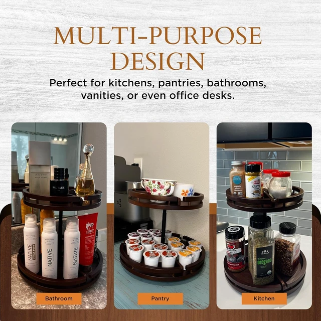 Alt view image 3 of 7 - 2 Tier Lazy Susan Organizer 12" Bamboo Rotating Spice Rack Organizers with Adjustable Height Turntable for Cabinet, Pantry, Medicine Cabinet, Kitchen, Spinning Bathroom Counter Top Organizers