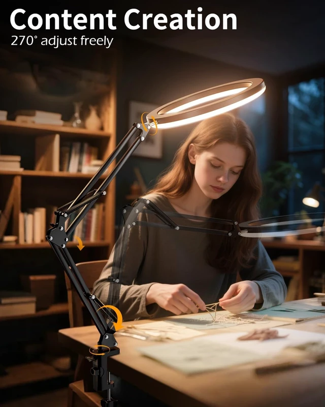 Alt view image 2 of 7 - 12 Overhead Ring Light for Desk with Phone Mount, LED Selfie Light with Adjustable Arm & Clamp, Dimmable Lighting for Video Recording, Zoom, Live Streaming, TikTok, YouTube