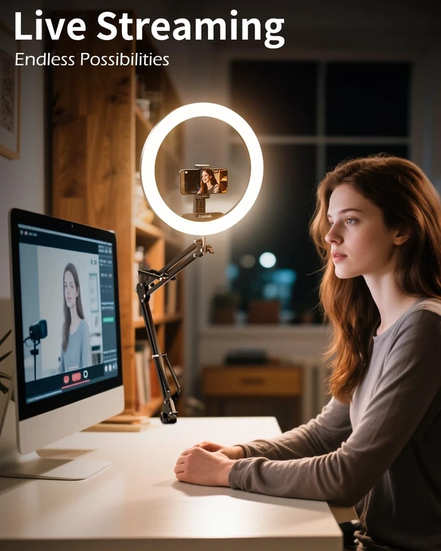 Alt view image 3 of 7 - 12 Overhead Ring Light for Desk with Phone Mount, LED Selfie Light with Adjustable Arm & Clamp, Dimmable Lighting for Video Recording, Zoom, Live Streaming, TikTok, YouTube