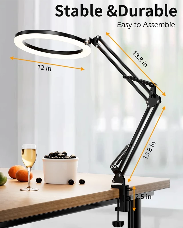 Alt view image 4 of 7 - 12 Overhead Ring Light for Desk with Phone Mount, LED Selfie Light with Adjustable Arm & Clamp, Dimmable Lighting for Video Recording, Zoom, Live Streaming, TikTok, YouTube