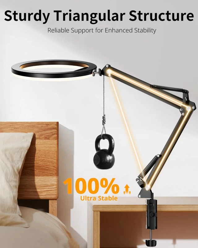 Alt view image 6 of 7 - 12 Overhead Ring Light for Desk with Phone Mount, LED Selfie Light with Adjustable Arm & Clamp, Dimmable Lighting for Video Recording, Zoom, Live Streaming, TikTok, YouTube