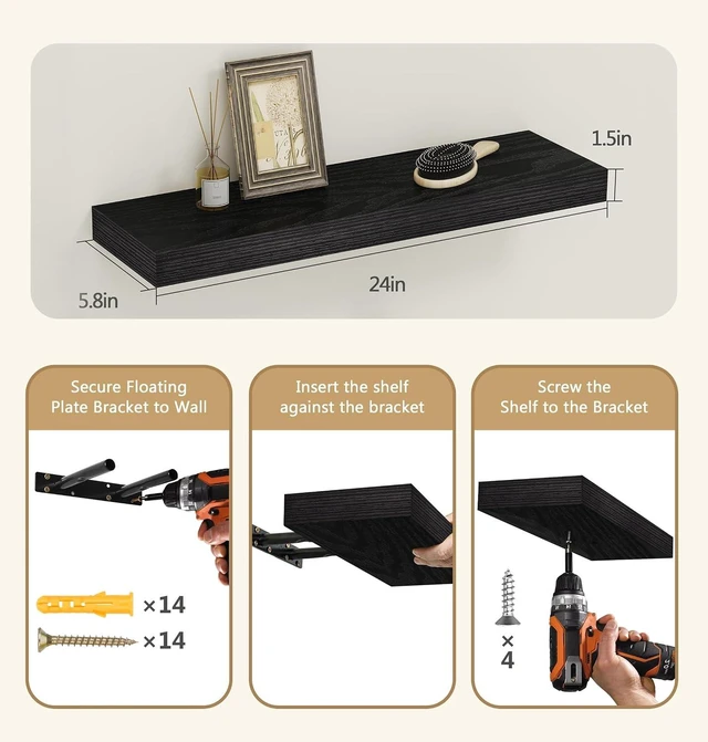 Alt view image 3 of 7 - ® Black Rustic Floating Wall Shelves 24in Set of 3 Hidden