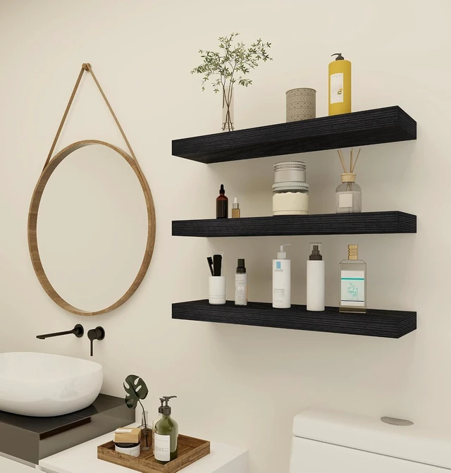 Alt view image 4 of 7 - ® Black Rustic Floating Wall Shelves 24in Set of 3 Hidden