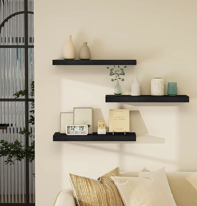 Alt view image 6 of 7 - ® Black Rustic Floating Wall Shelves 24in Set of 3 Hidden