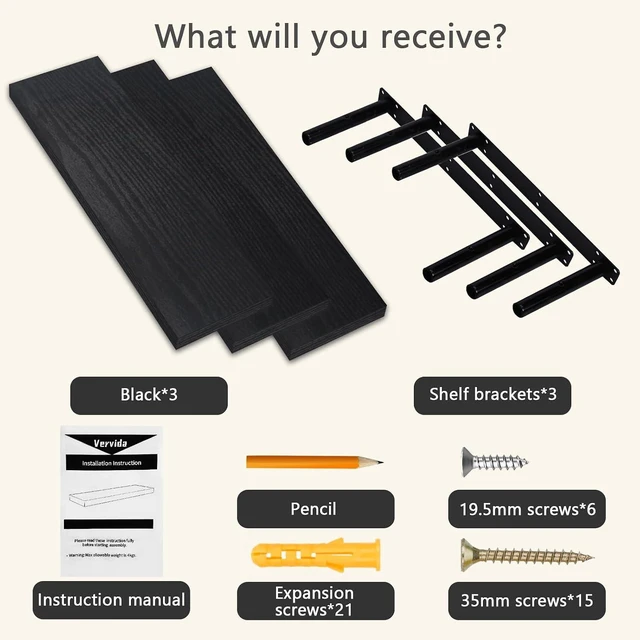 Alt view image 7 of 7 - ® Black Rustic Floating Wall Shelves 24in Set of 3 Hidden