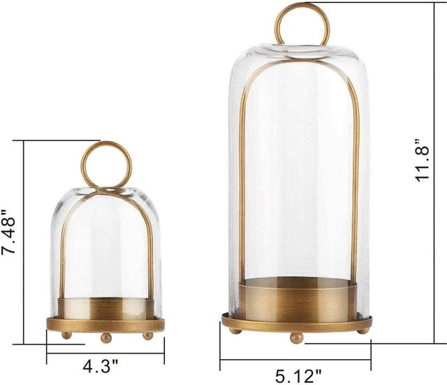 Alt view image 3 of 6 - 5" & 4" Wide Versatile Metal Candle Holder with Handmade Sturdy Glass Dome in Brass for Pillar Candle & Plants, 5.1" xH11.8 4" xH7.5, Industrial, Farmhouse, Shabby Chic. (2, Brass, Large & Small)