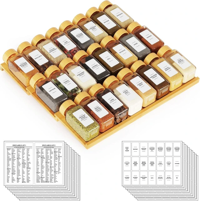 Main image of Bamboo Spice Drawer Organizer with 24 Spice Jars, 378 White Minimalist Spice Labels, 3 Tier Seasoning Rack Tray Insert for Kitchen Drawers, 15" Wide x 15" Deep x 2.6" Tall