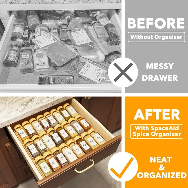 Alt view image 2 of 7 - Bamboo Spice Drawer Organizer with 24 Spice Jars, 378 White Minimalist Spice Labels, 3 Tier Seasoning Rack Tray Insert for Kitchen Drawers, 15" Wide x 15" Deep x 2.6" Tall