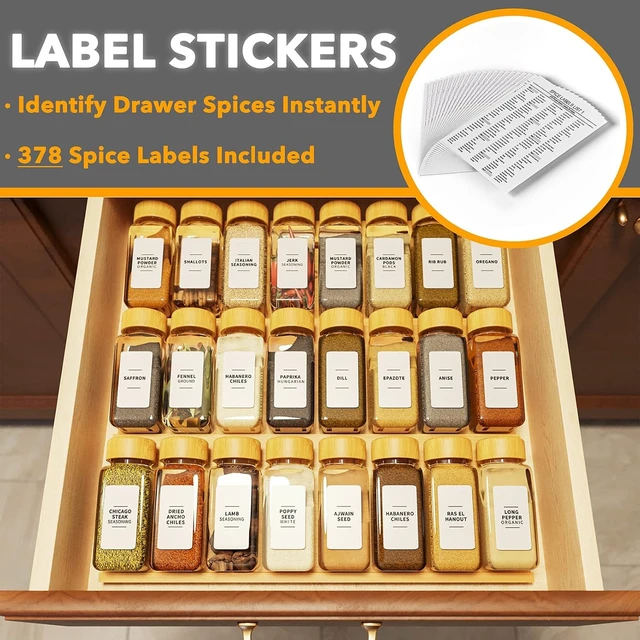 Alt view image 3 of 7 - Bamboo Spice Drawer Organizer with 24 Spice Jars, 378 White Minimalist Spice Labels, 3 Tier Seasoning Rack Tray Insert for Kitchen Drawers, 15" Wide x 15" Deep x 2.6" Tall