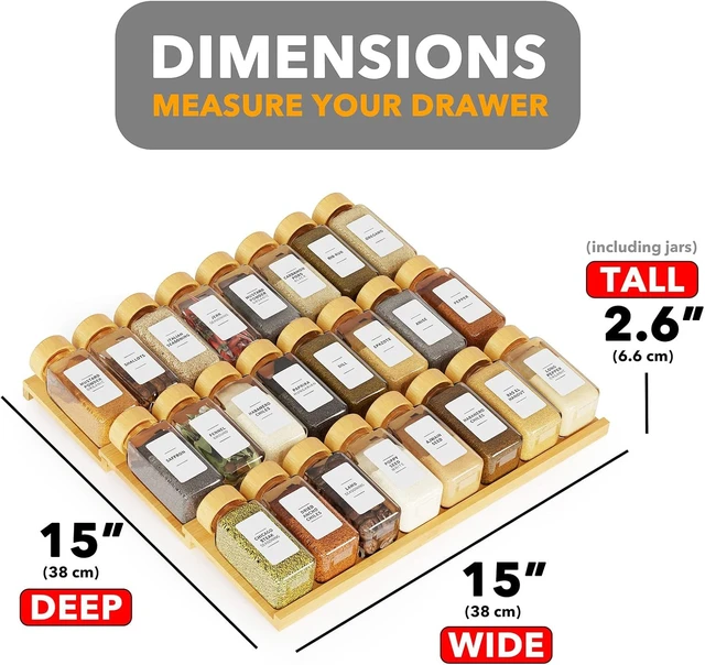 Alt view image 4 of 7 - Bamboo Spice Drawer Organizer with 24 Spice Jars, 378 White Minimalist Spice Labels, 3 Tier Seasoning Rack Tray Insert for Kitchen Drawers, 15" Wide x 15" Deep x 2.6" Tall