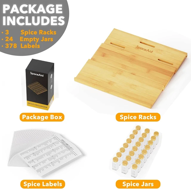 Alt view image 5 of 7 - Bamboo Spice Drawer Organizer with 24 Spice Jars, 378 White Minimalist Spice Labels, 3 Tier Seasoning Rack Tray Insert for Kitchen Drawers, 15" Wide x 15" Deep x 2.6" Tall