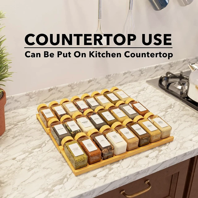 Alt view image 6 of 7 - Bamboo Spice Drawer Organizer with 24 Spice Jars, 378 White Minimalist Spice Labels, 3 Tier Seasoning Rack Tray Insert for Kitchen Drawers, 15" Wide x 15" Deep x 2.6" Tall