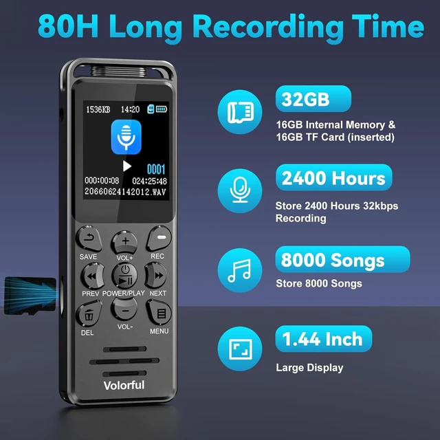 Alt view image 3 of 7 - Digital Voice Recorder with Playback, 80H HD Recording Device