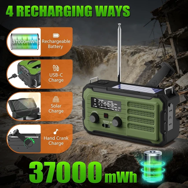 Alt view image 5 of 7 - Emergency Radio Hand Crank Solar, 10000mAh/37000mWh Emergency Weather Radio