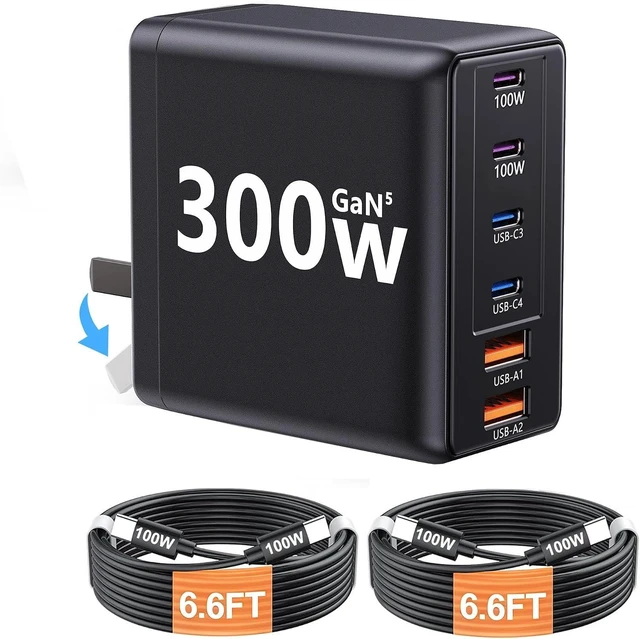 Main image of 300W USB C Laptop Charger with 2 USB Cables 6Port Dual 100W