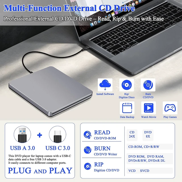 Alt view image 7 of 7 - USB C SuperDrive for Mac, Slot-in External CD/DVD Drive for Laptop