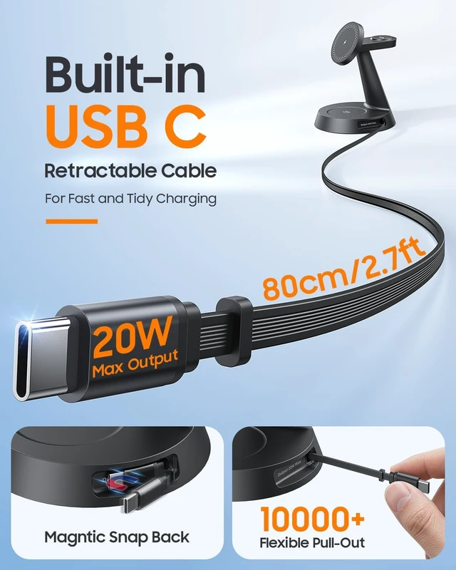 Alt view image 2 of 7 - 4 in 1 Wireless Charger with 20W Retractable Cable for iPhone Duo