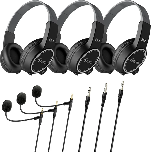 Main image of KidJamz Safe Listening Headset for Kids 3-Pack with Volume-limiting Technology + 2 Cables; Includes Boom Microphone for Remote Learning, Video Chat, Gaming, and Phone Calls (Black, 3-Pack)