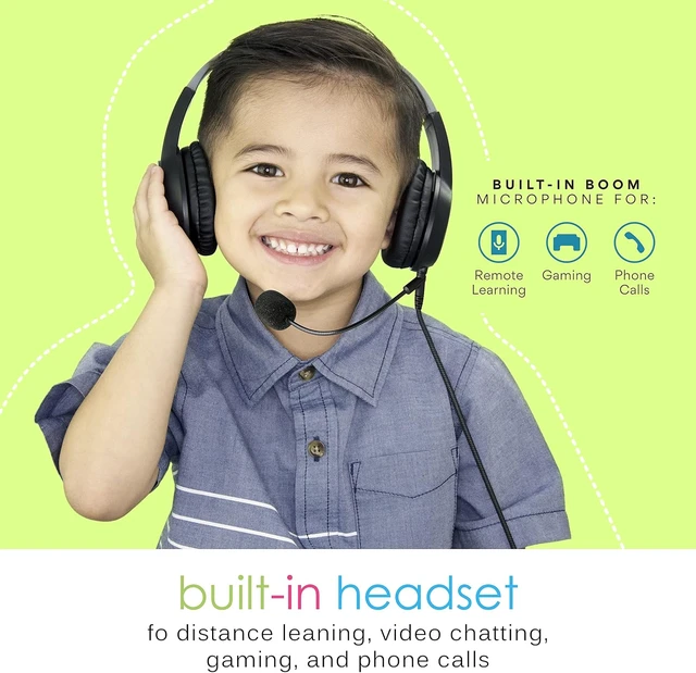 Alt view image 4 of 7 - KidJamz Safe Listening Headset for Kids 3-Pack with Volume-limiting Technology + 2 Cables; Includes Boom Microphone for Remote Learning, Video Chat, Gaming, and Phone Calls (Black, 3-Pack)