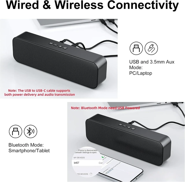 Alt view image 4 of 7 - Computer Speakers for Desktop PC,USB Powered & Plug and Play,with Bluetooth 5.3/3.5mm AUX Input,Small Bluetooth Speakers with Stereo Sound Fit Under the Monitor for Office Work, Gaming, Music