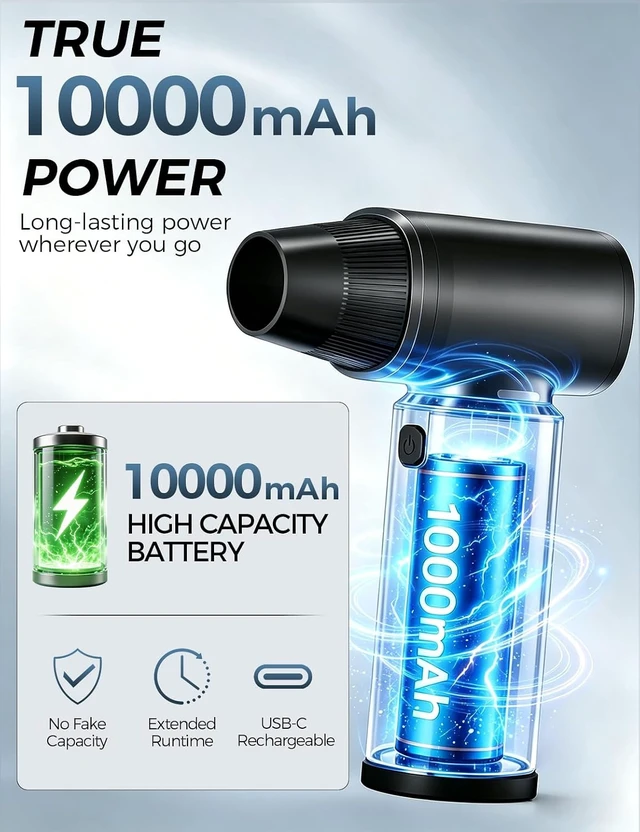 Alt view image 3 of 7 - Compressed Air Duster - 180000RPM Super Power Electric Air Duster, 3-Speed Adjustable Rechargeable Cordless Air Blower with LED Light, Dust Blower for Computer, Keyboard, Outdoor, Car and House