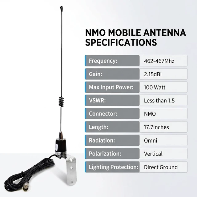 Alt view image 2 of 6 - GMRS NMO Antenna, UHF 462-467Mhz Whip with Bracket Mount and 13.1ft Cable