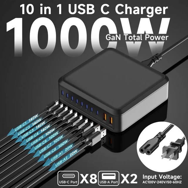 Alt view image 2 of 7 - 1000W USB C Charger Block,10 Port USB C Charging Station GaN Type C Charger Block,PD 140W Laptop Fast Charger Adapter with 8 USB-C Ports and 2 USB-A Ports for MacBook Pro/Air, iPad, iPhone,Galaxy