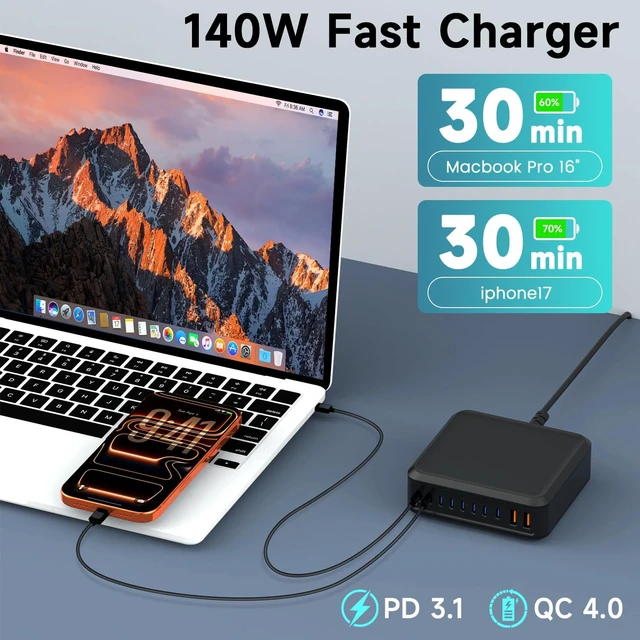 Alt view image 3 of 7 - 1000W USB C Charger Block,10 Port USB C Charging Station GaN Type C Charger Block,PD 140W Laptop Fast Charger Adapter with 8 USB-C Ports and 2 USB-A Ports for MacBook Pro/Air, iPad, iPhone,Galaxy