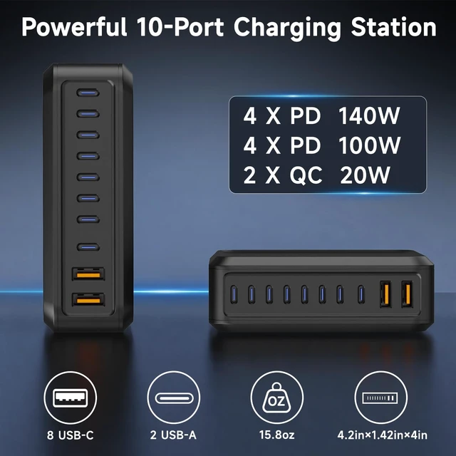 Alt view image 4 of 7 - 1000W USB C Charger Block,10 Port USB C Charging Station GaN Type C Charger Block,PD 140W Laptop Fast Charger Adapter with 8 USB-C Ports and 2 USB-A Ports for MacBook Pro/Air, iPad, iPhone,Galaxy