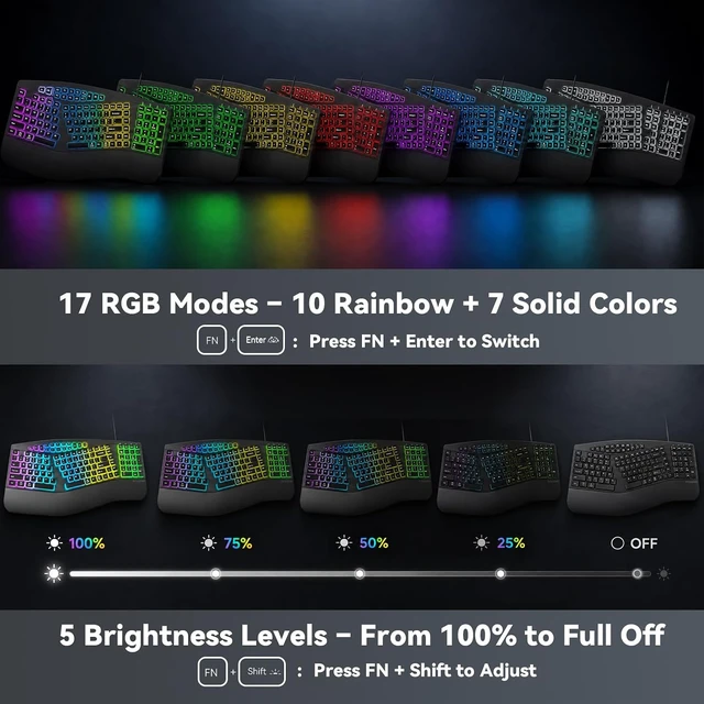 Alt view image 3 of 7 - Wired Ergonomic Split Keyboard with RGB Backlight & Numpad, Black