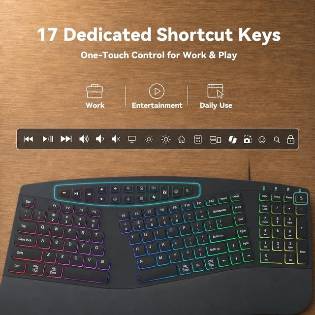 Alt view image 6 of 7 - Wired Ergonomic Split Keyboard with RGB Backlight & Numpad, Black