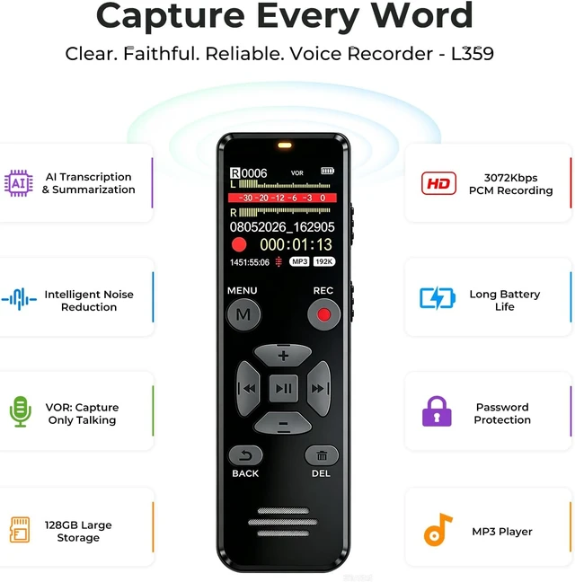 Alt view image 2 of 7 - Digital Voice Recorder 128GB AI Transcribe & Summarize Note Taker