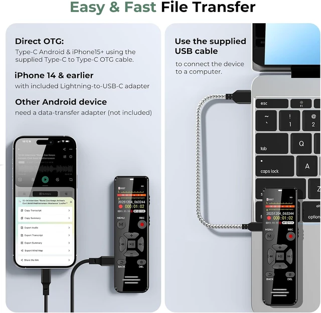 Alt view image 7 of 7 - Digital Voice Recorder 128GB AI Transcribe & Summarize Note Taker