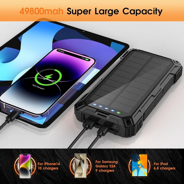 Alt view image 5 of 7 - Solar Power Bank,49800mAh Wireless Portable Phone Charger with 4 Built-in Cables,22.5W Fast Charging USB-C in/Output External Battery Pack for iPhone,Android,Perfect for Hiking/Camping
