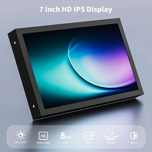 Alt view image 2 of 7 - 7 Inch Mini Monitor HDMI, Portable Vga Monitor with AV BNC 1024×600 LCD Screen with Built-in Speakers, 178° View Angle IPS, Multi-Function Mini Small Display for Raspberry Pi PC/TV/DVD/CVBS