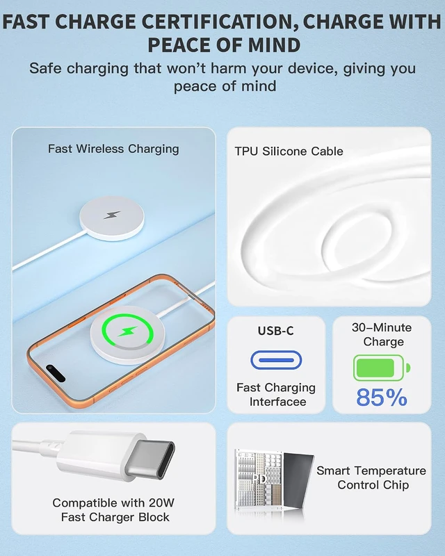 Alt view image 3 of 7 - 10FT Magnetic Wireless Charger,2Pack Fast Mag-Safe Charger Magnet Pad