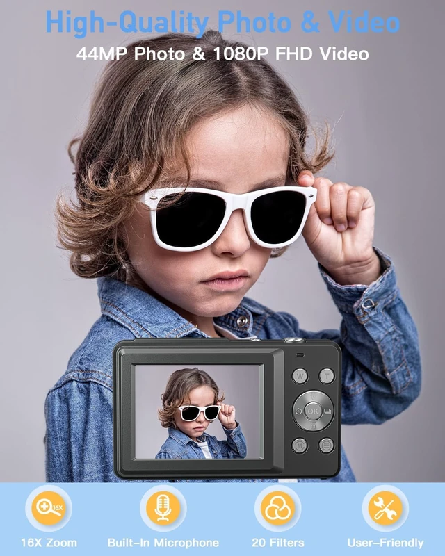 Alt view image 2 of 7 - Digital Camera for Kids, 1080P FHD 44MP Point and Shoot Digital Camera for Pictures with 32GB Card, 16X Zoom, Compact Camera Gifts for Kids Teens Boys Girls(Black)