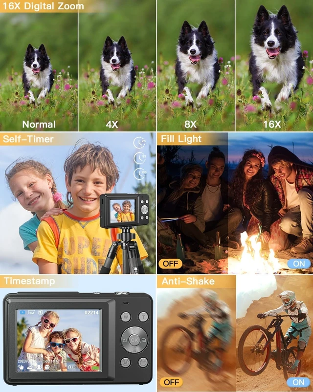 Alt view image 3 of 7 - Digital Camera for Kids, 1080P FHD 44MP Point and Shoot Digital Camera for Pictures with 32GB Card, 16X Zoom, Compact Camera Gifts for Kids Teens Boys Girls(Black)