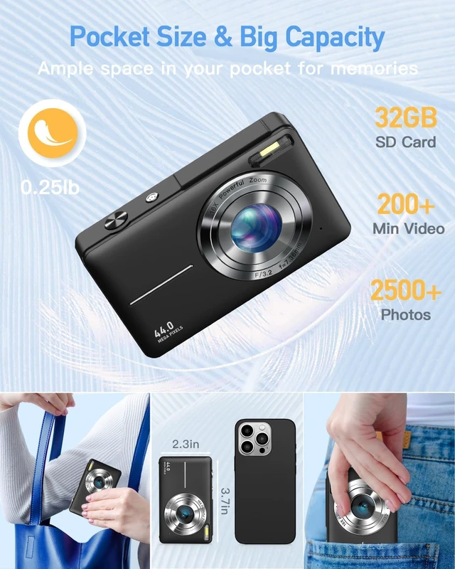 Alt view image 5 of 7 - Digital Camera for Kids, 1080P FHD 44MP Point and Shoot Digital Camera for Pictures with 32GB Card, 16X Zoom, Compact Camera Gifts for Kids Teens Boys Girls(Black)