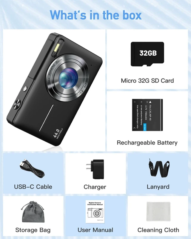 Alt view image 7 of 7 - Digital Camera for Kids, 1080P FHD 44MP Point and Shoot Digital Camera for Pictures with 32GB Card, 16X Zoom, Compact Camera Gifts for Kids Teens Boys Girls(Black)