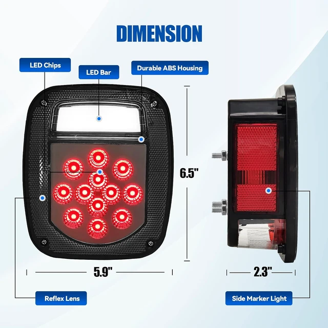 Alt view image 2 of 6 - LED Replacement Tail Lights Taillights for 1979-2006 Jeep Wrangler TJ YJ CJ-5 CJ-7 , Smoke Lens BAR Square Brake Stop Turn Signal Reverse License Plate lamp w/ Side Marker Light Assembly, 2PCS