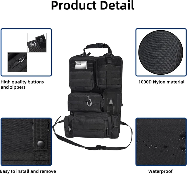 Alt view image 4 of 6 - Tactical Car Seat Back Organizer,Tactical Molle Seat Back Organizer with 6 Detachable Molle Pouch,Universal Fits for Car Truck Jeep Vehicle Black