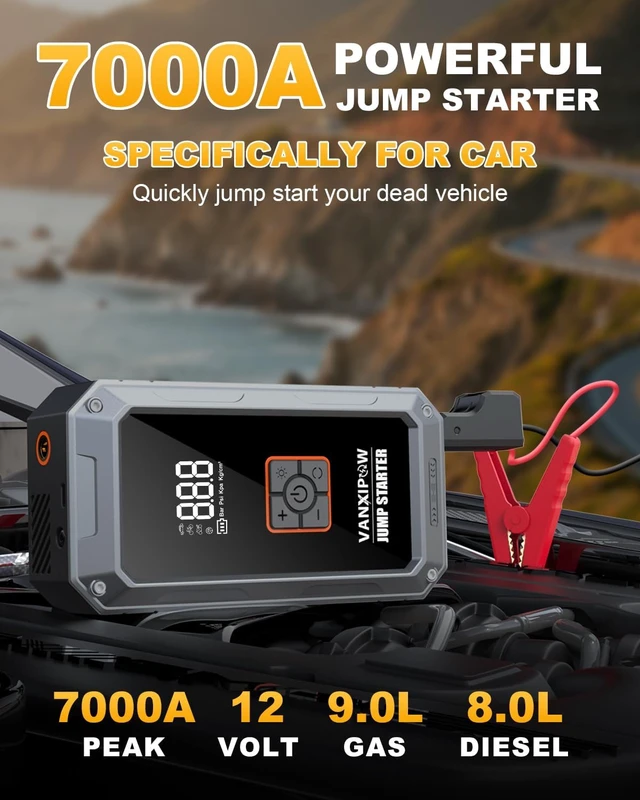 Alt view image 2 of 7 - M1 7000A Car Battery Jump Starter with Air Compressor 150PSI (9.0 L Gas/8.0L Diesel), Portable Car Jump Starter Power Pack, Battery Charger 12V Jump Box with LED Light, Large LED Display, Power Bank