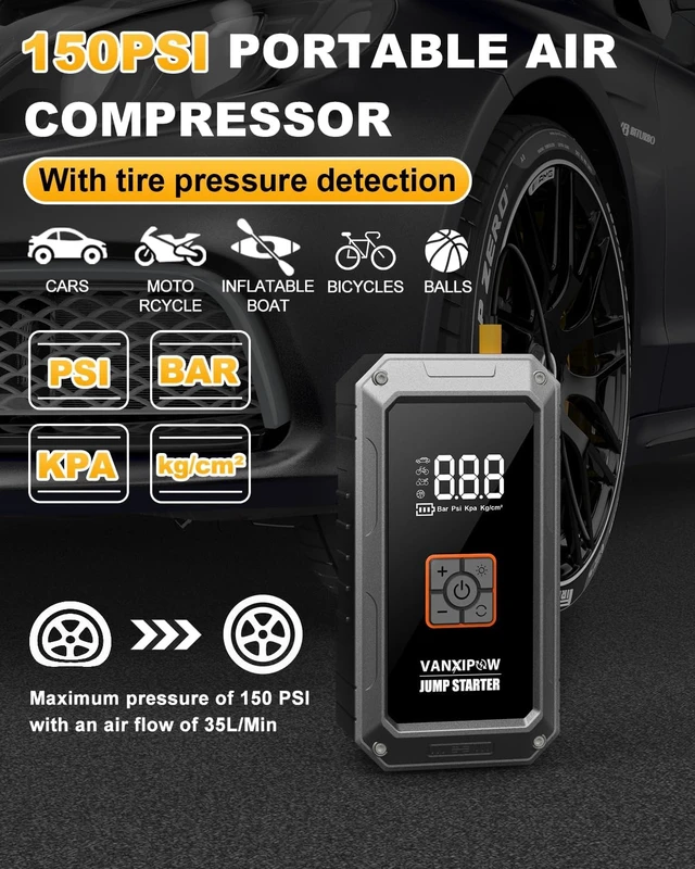 Alt view image 3 of 7 - M1 7000A Car Battery Jump Starter with Air Compressor 150PSI (9.0 L Gas/8.0L Diesel), Portable Car Jump Starter Power Pack, Battery Charger 12V Jump Box with LED Light, Large LED Display, Power Bank