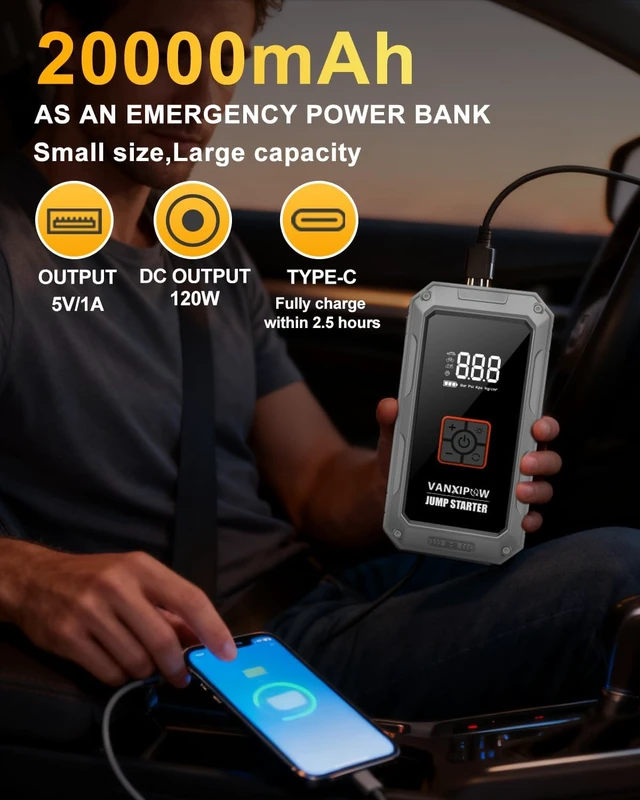 Alt view image 7 of 7 - M1 7000A Car Battery Jump Starter with Air Compressor 150PSI (9.0 L Gas/8.0L Diesel), Portable Car Jump Starter Power Pack, Battery Charger 12V Jump Box with LED Light, Large LED Display, Power Bank