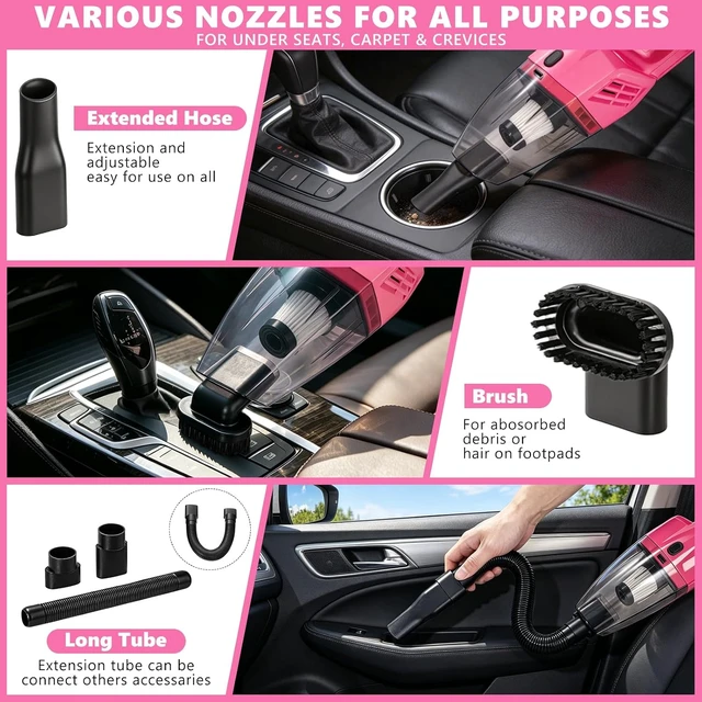 Alt view image 3 of 7 - Car Detailing Kit Interior Cleaning - with 8500PA Car Vacuum Portable Cordless, Car Detailing Brush Set, Windshield Tool, Car Wash Kit for Women/Men, Pink