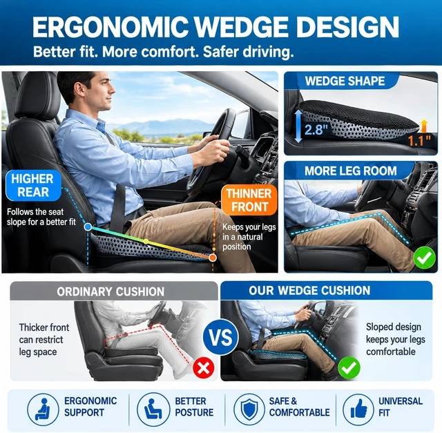 Alt view image 3 of 6 - Car Seat Cushion for Driving,Premium Memory Foam Car Cushion for Better Visibility, Non-Slip Hip & Lower Back Tailbone Cushion, Car Seat Cushion Driver Booster for Short People, Truck(Black